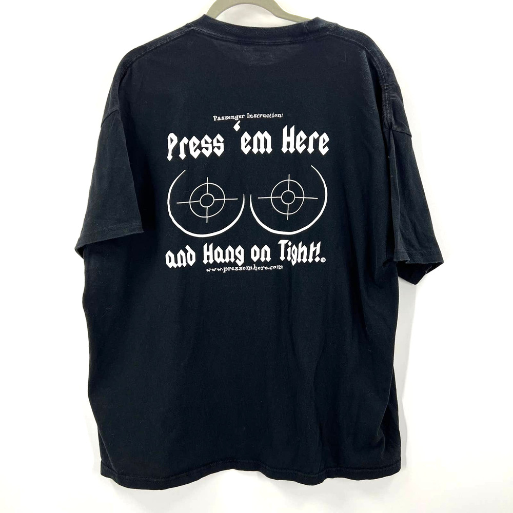 Vintage Black Tshirt Motorcycle Bike Week Press 'em Here & Hang On Tight 2XL